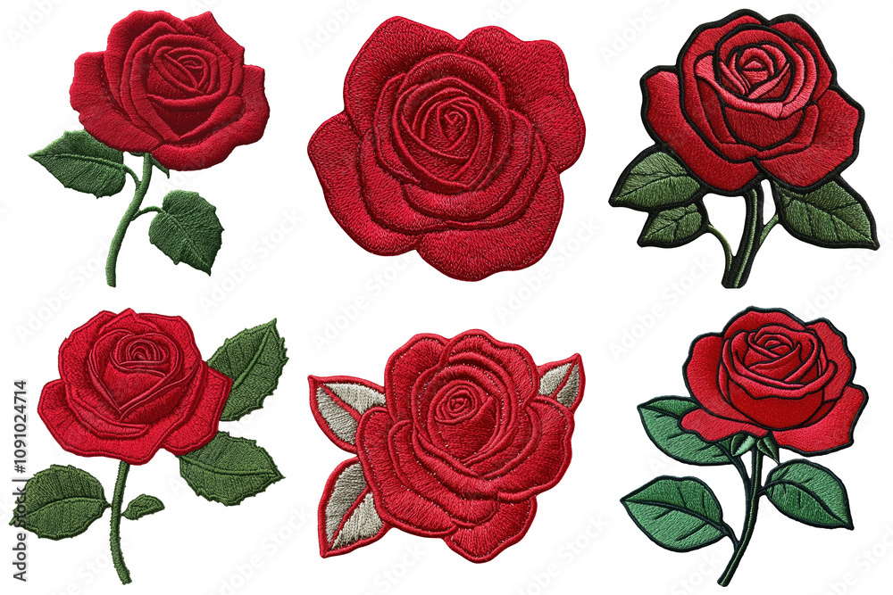 Obraz premium A set of embroidered roses in various sizes and styles isolated on transparent or white background, png
