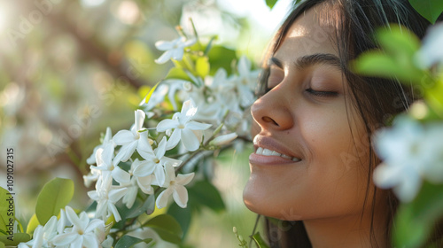 Adult beautiful young girl enjoying life in summet park with blossoming flowers and trees. Woman's beauty and nature concept. Brunette female
 photo