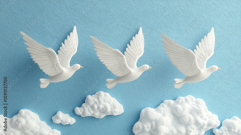 Obraz premium Three white doves soar against a light blue sky, accompanied by fluffy white clouds, evoking a sense of freedom and serenity.
