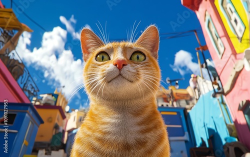 A curious ginger cat looks up at colorful buildings under a bright blue sky.  Perfect for travel, pet, or whimsical themes. photo