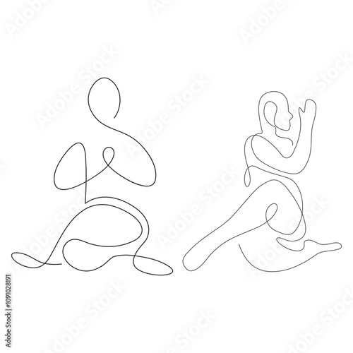 Continuous one line art drawing of man doing exercise in yoga pose outline vector illustration