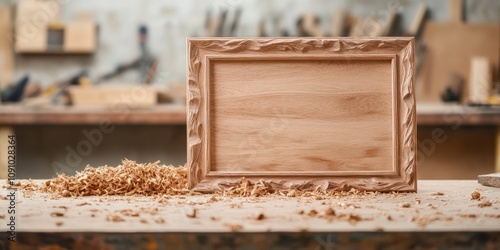 Woodwork Showcasing Craftsmanship and Ensuring Durability,A wooden frame sits on a workbench covered with shavings, surrounded by tools in a rustic workshop, showcasing craftsmanship and creativity.