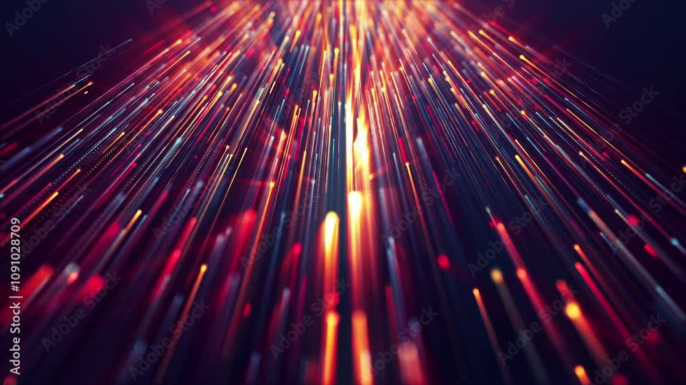 Infinite neon data flow futuristic cyberspace tech connection. Particles light trail data lines abstract background 3D 4K video seamless loop.