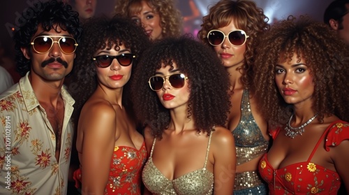 1980s Disco Dancing. A group of friends grooving to the funky beats at a discotheque, wearing flashy disco attire, and dancing under glittering disco balls during the disco era of the 1980s 