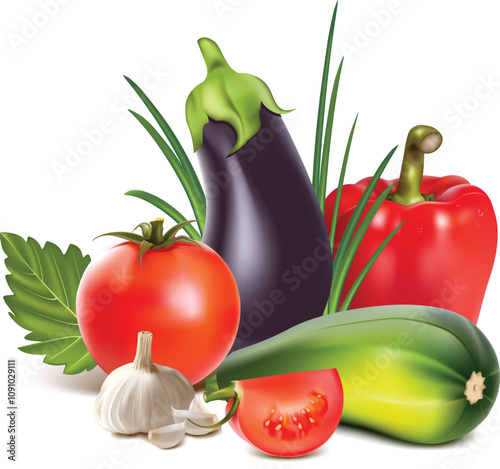 Vector illustration of a set of fresh vegetables, including tomatoes, garlic, bringle (eggplant), and red bell peppers, ideal for food-related designs, branding, and culinary projects. photo