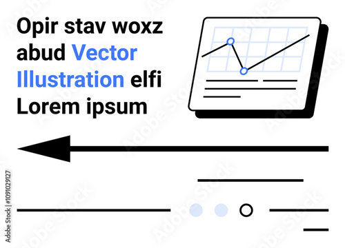 Graph chart with two points and grid background, bold arrow directing leftwards, placeholder text in black and blue fonts. Ideal for data presentation, info graphics, analytics, navigation, business