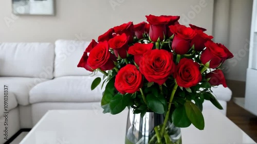 Wallpaper Mural Medium shot of a vase with large red roses, placed in a modern, white living room, static with no motion. Torontodigital.ca