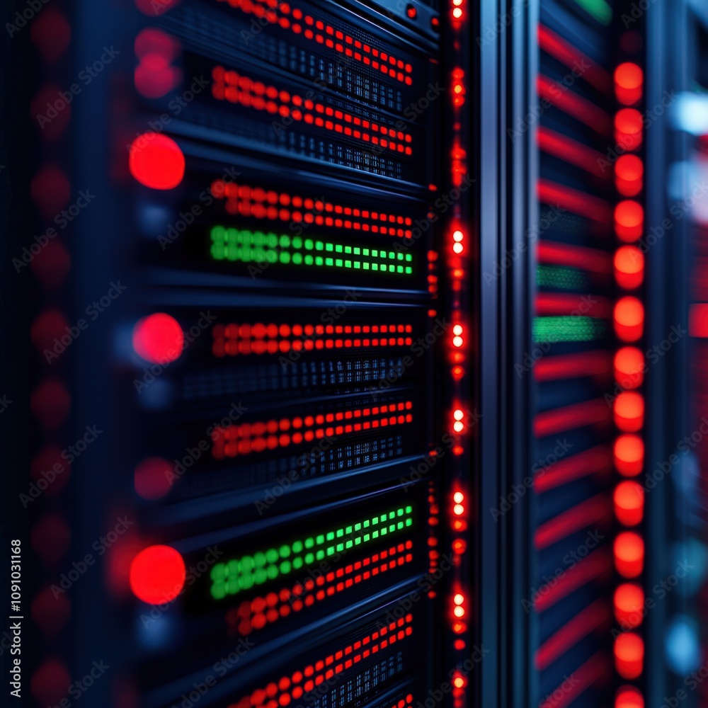 Fototapeta premium A close-up view of server racks with illuminated lights in red and green, showcasing data center technology and connectivity.