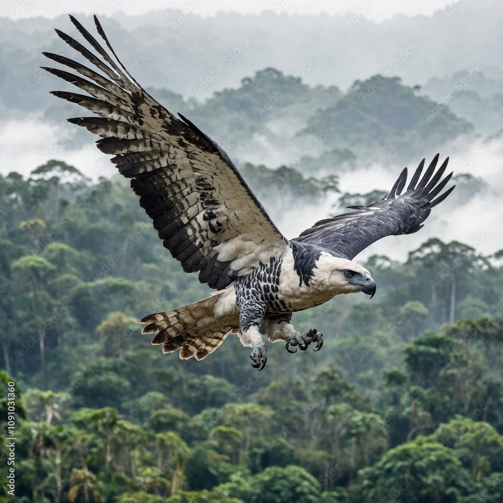 Fototapeta premium A harpy eagle soaring above the Amazon rainforest, with a white background.