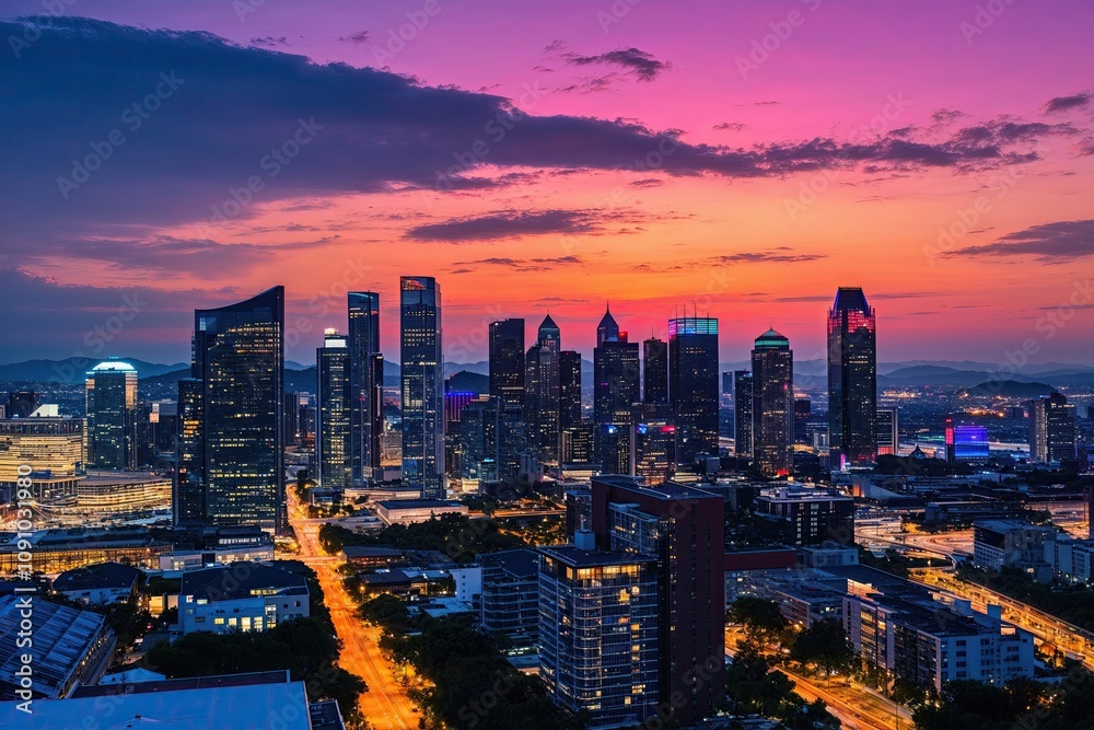 Fototapeta premium Vibrant Urban Skyline at Sunset with Modern Architecture and Colorful Lights