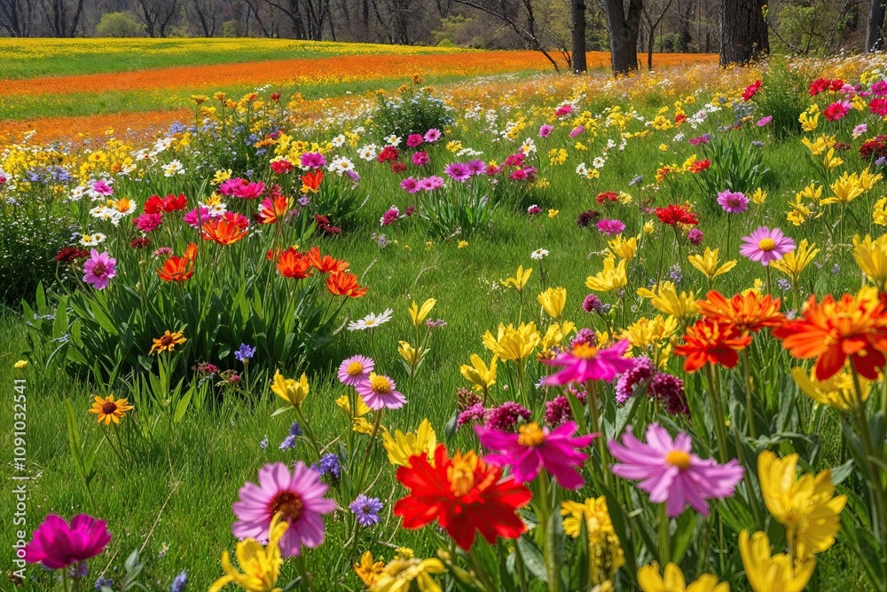 Obraz premium Picturesque Spring Wildflower Paradise: A Vibrant Blooming Meadow Landscape
