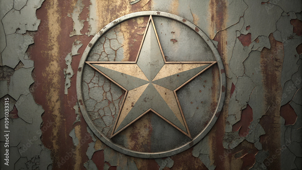 Fototapeta premium Rusty metal surface featuring a prominent star emblem and peeling paint, copy space 