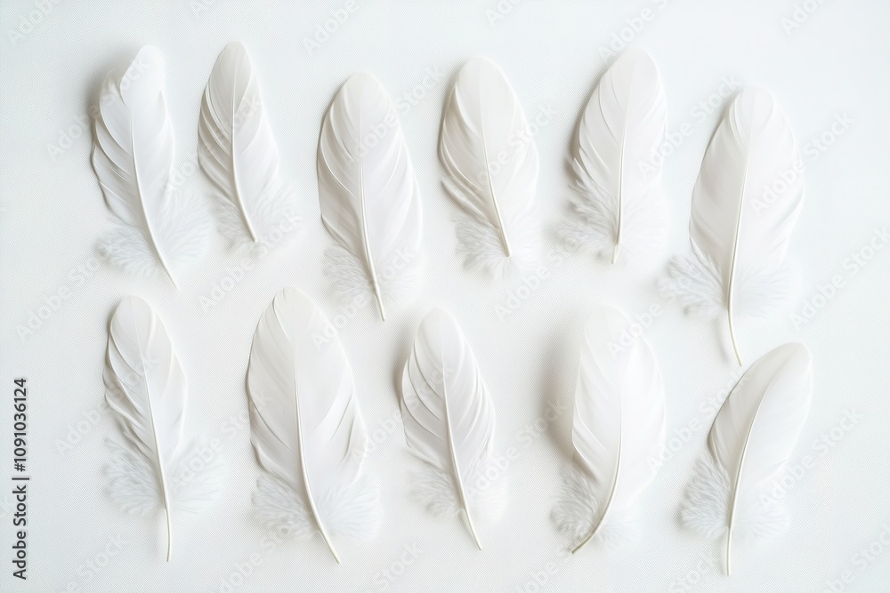 Naklejka premium Delicate white feathers arranged in rows on plain background