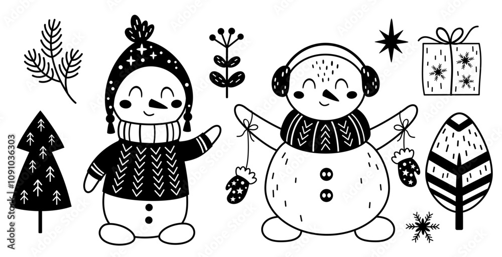 Fototapeta premium Black and white snowman clipart. Cute winter character. Christmas snowman clip art. Hand draw vector illustration in flat style