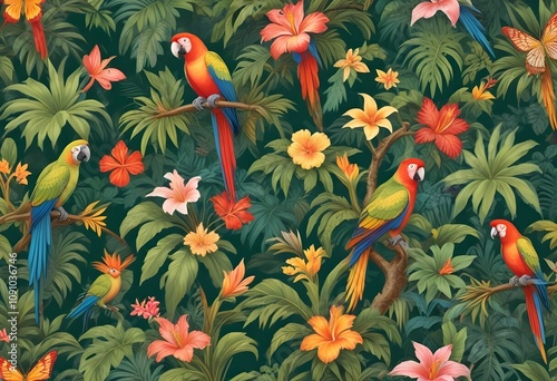 Tropical exotic pattern with animal and flowers in bright colors and lush vegetationn photo