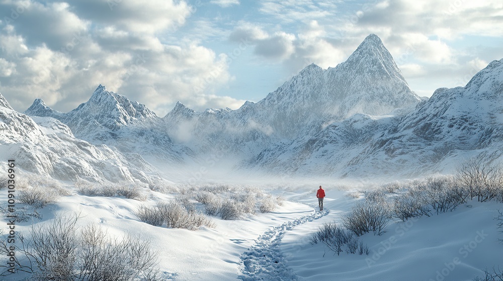 Fototapeta premium A lone hiker walks a snow-covered path towards majestic, snow-capped mountains under a partly cloudy sky. The scene evokes a sense of serenity and adventure in a winter wonderland.