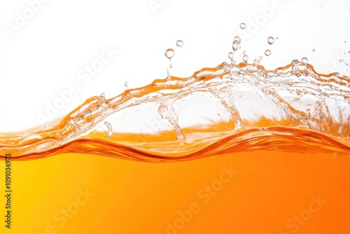 clean orange water surface with splash, ripple and air bubbles on white background