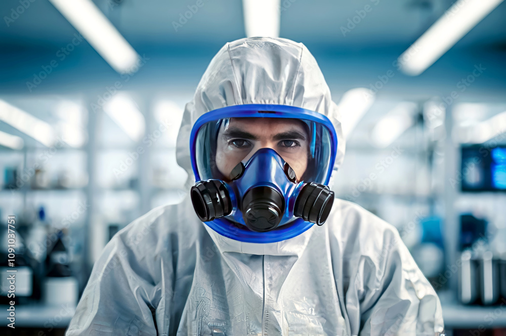 A male employee of a chemical or biological laboratory dressed in a special protective suit A male employee of a chemical or biological laboratory dressed in a special protective suit