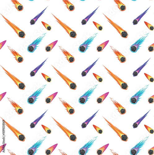 Seamless pattern with space meteors, comets and asteroids with fire trails 