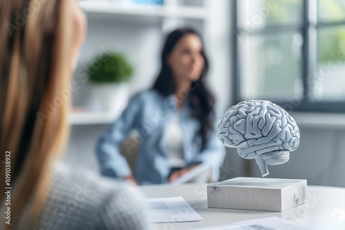 Futuristic medical consultation with holographic brain model in a modern office environment, highlighting technological advancements in neuroscience and healthcare innovation
