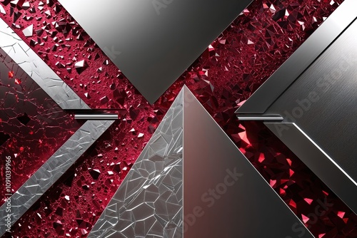 Chic Triangular Dynamic Steel Background with Ruby Shimmer and Three-Dimensional Fractured Texture photo