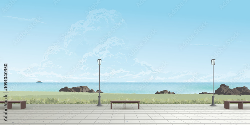 Fototapeta premium Public park at seaside have blue sky background graphic illustration.