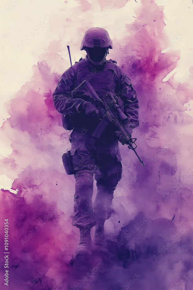Fototapeta premium An artistic silhouette of a soldier standing still, blending into a pastel lavender background,