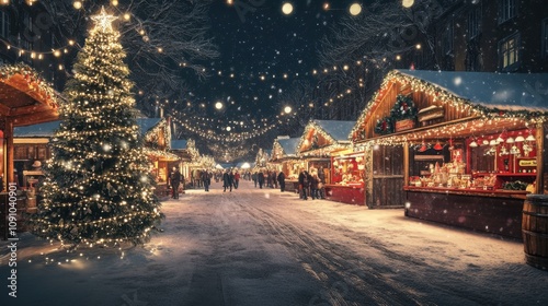 Festive holiday market at night with lights and snowfall
