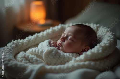 Cute newborn baby sleeping on a white knitted plaid. photo