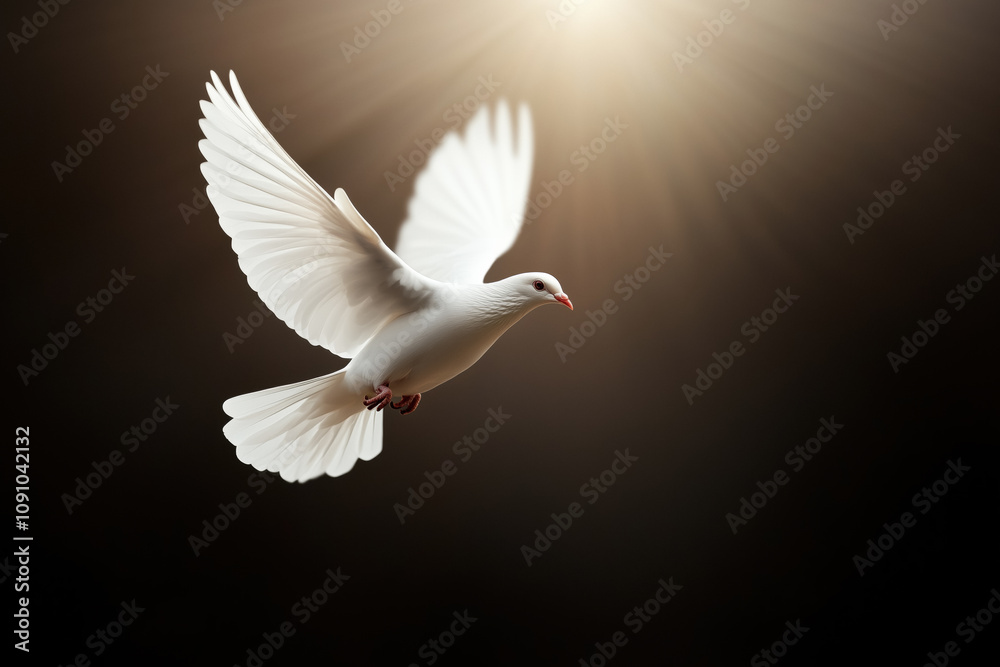 Obraz premium A radiant white dove in flight illuminated by a warm light, symbolizing the Holy Spirit, peace, and divine presence in Christian faith.