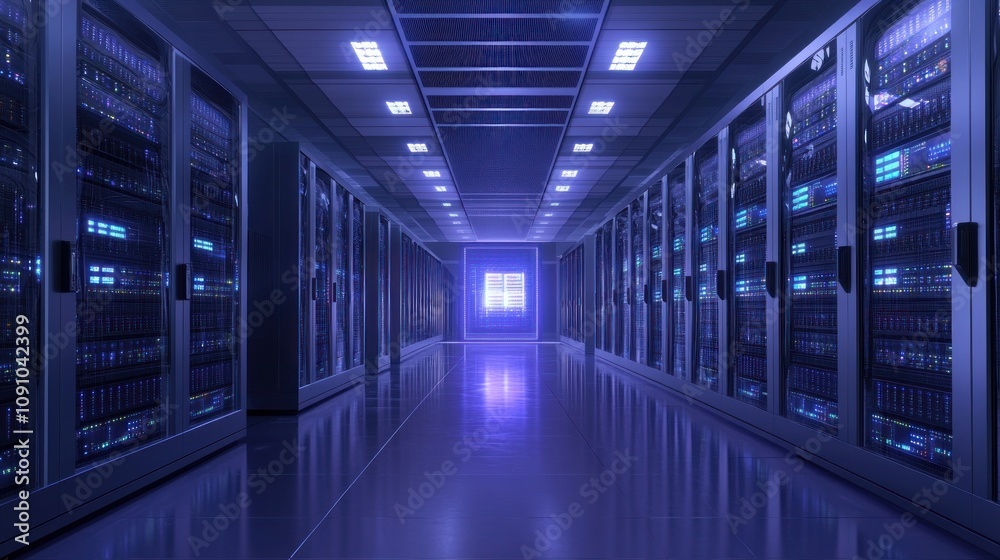 Fototapeta premium A futuristic server room with rows of servers and a glowing entrance.