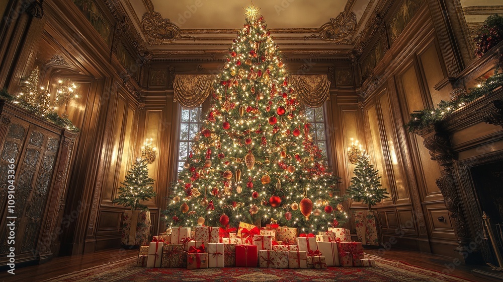 custom made wallpaper toronto digitalA vibrant Christmas tree adorned with glowing ornaments and gift boxes arranged underneath