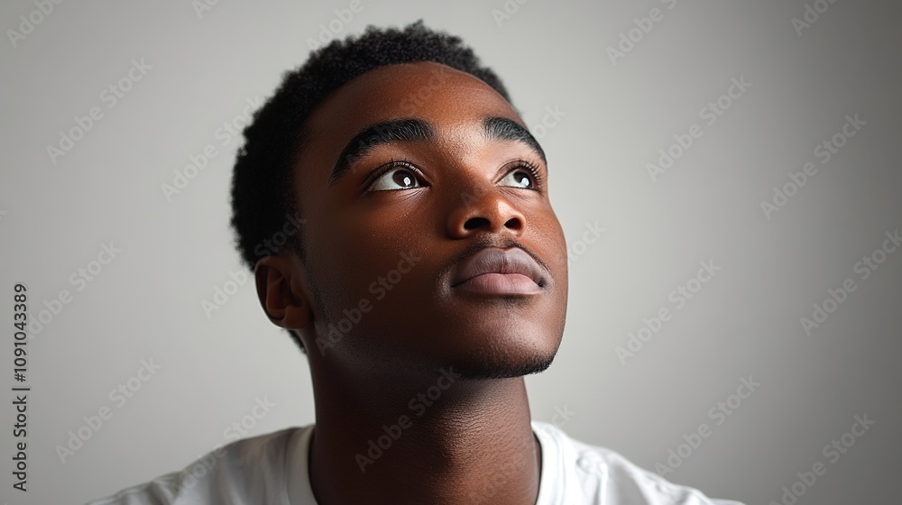 Obraz premium Young man gazing up, hopeful expression, ample light, clear back