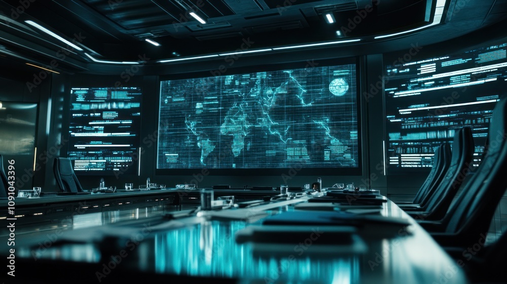 custom made wallpaper toronto digitalA modern conference room with a large screen displaying a world map and data analytics.