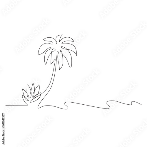 Beach umbrella and lounger near palm tree , continuous editable single line drawing. 