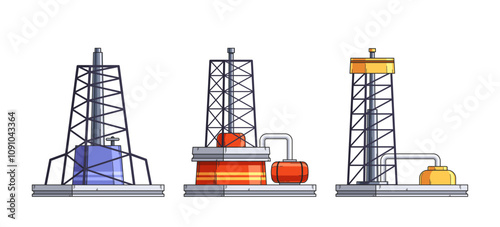 Different crude oil rigs land platform for mineral deposits development and fossil fuel extraction