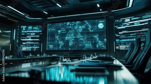 Wallpaper Mural A modern conference room with a large screen displaying a world map and data analytics. Torontodigital.ca