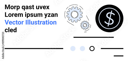 Gears interlocking, dollar symbol in black circle, black lines, and blue dots. Ideal for business concepts, financial planning, startup pitches, technological advancements, process optimization