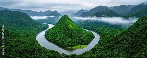 A mountainous landscape where several tributaries merge into a large river, with dense forest ecosystems, wild animals, and mist covering the valleys