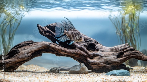 Zebra pleco hiding in driftwood in a clear tank photo