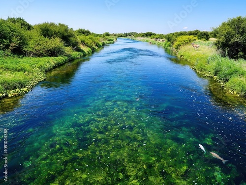 A serene river with crystalclear tributaries flowing into it, surrounded by diverse vegetation and wildlife like herons, deer, and fish visible in the water photo