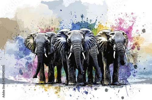 A stylized illustration of three elephants standing side by side, surrounded by vibrant splashes of paint in a variety of colors. photo