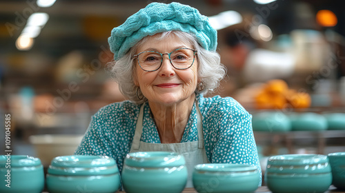 Elderly woman in turquoise attire smiles proudly at her handcrafted pottery in a vibrant workshop environment. Generative AI