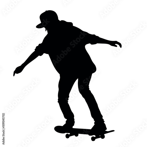 A man is riding a skateboard. He is wearing a hat and a hoodie. He is holding his hand out
