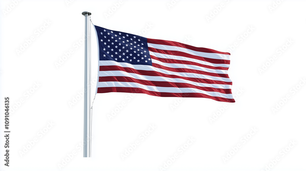Obraz premium American flag flying on pole isolated on white background