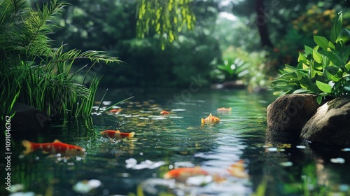 A calm freshwater fish pond with clear water, surrounded by lush green vegetation and reeds, fish swimming near the surface  photo