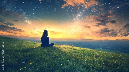 A woman sitting on a grassy hill under a twilight sky, gazing at the stars with a peaceful expression