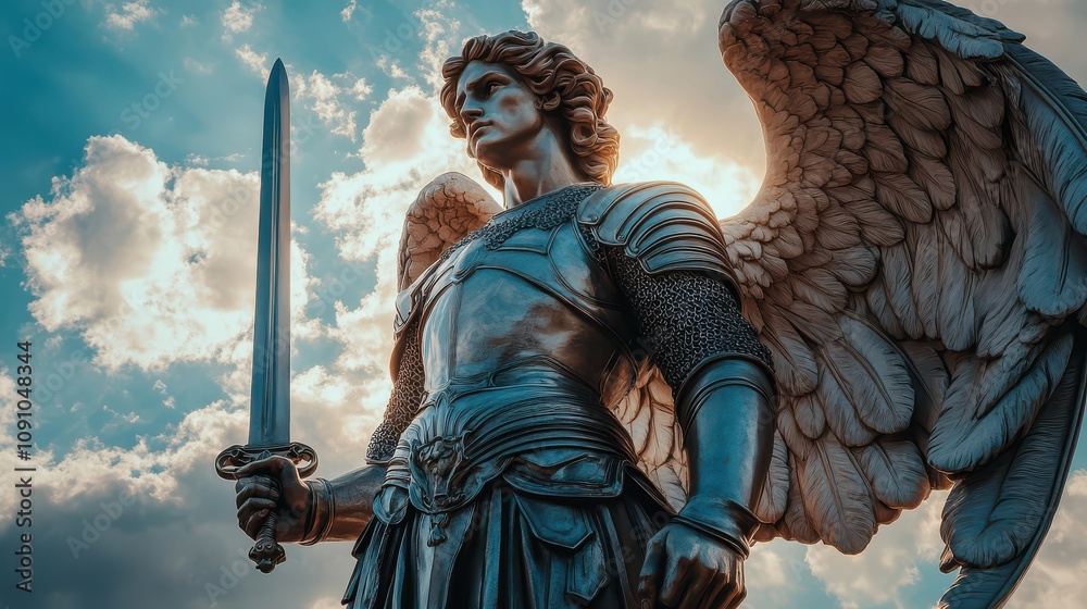 Obraz premium Angelic Warrior Statue: A 3D Render of a Powerful Archangel Holding a Sword Against a Dramatic Cloudy Sky