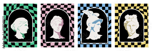 Four classical greek bust portraits in pop art style. Distorted checkerboard backgrounds with ancient sculptures, 2000s aesthetics posters, y2k backdrops. Vector