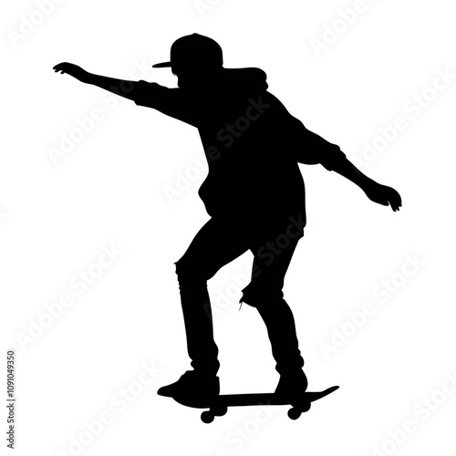 A man is riding a skateboard. He is wearing a hat and a hoodie. He is holding his hand out